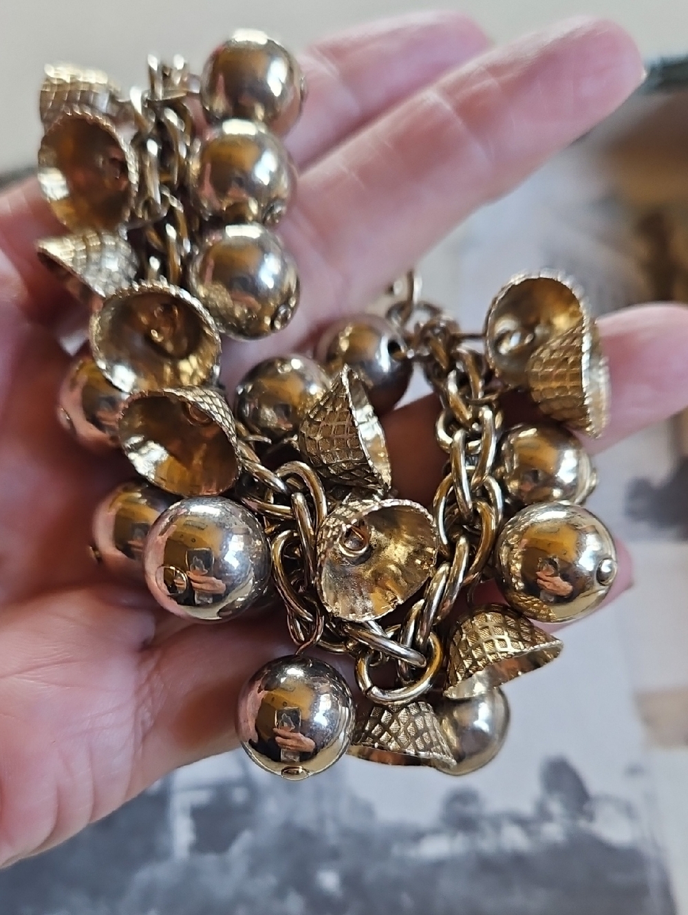 Chunky Gold-Tone Charm Bracelet with Textured Accents Balls, Bells Or Acorn Tops - Picture 5 of 5